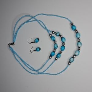 Light Blue Beaded Necklace Earrings Set